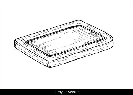 Tagliere rettangolare in legno con bordi lisci illustrazione grafica vettoriale dipinta con inchiostri neri. Vassoio per tagliare o servire alimenti. Illustrazione Vettoriale