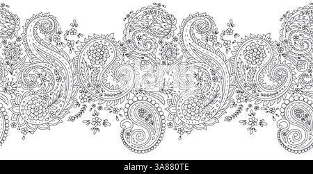 Bordo senza cuciture con motivo floreale paisley bianco e nero. Intricato sfondo vintage orientale Illustrazione Vettoriale