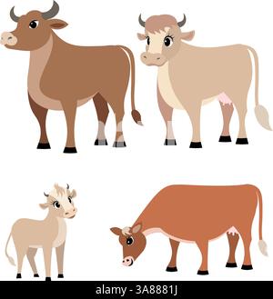 Animali da fattoria. Una fattoria carina. Set di toro, mucca e vitello. Raccolta di animali d'allevamento. Illustrazione vettoriale piatto bambino. Isolato su sfondo bianco. Illustrazione Vettoriale