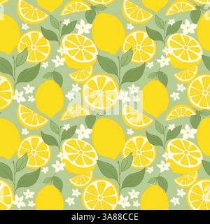 Motivo senza cuciture di frutta al limone. Agrumi freschi con fiori di limone, foglie, limoni semilavorati e fette di limone per tessuti, carta da parati, stampe, succo di frutta Illustrazione Vettoriale