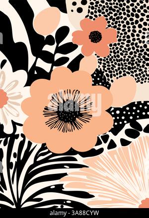 Motivo floreale astratto minimale in tonalità neutre. Design vettoriale di ispirazione etnica con forme morbide, perfetto per l'arredamento moderno e la moda. Illustrazione Vettoriale