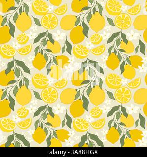 Frutta fresca al limone senza cuciture. Agrumi estivi con fiori di limone, rami, limoni semilavorati e fette di limone per tessuti, carta da parati, stampe Illustrazione Vettoriale