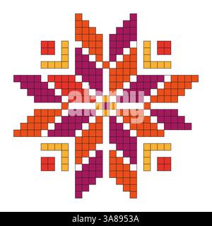 Design con ricami in pixel. Tessuto tradizionale. Motivo folk geometrico. Colori rosso e arancione. Illustrazione Vettoriale