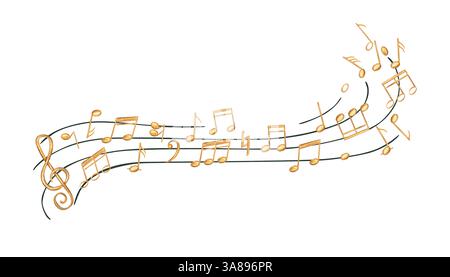 Note musicali d'oro su sfondo isolato con illustrazione ad acquerello del personale nero. Simboli sonori volanti su una base ondulata per il branding musicale, educativi Foto Stock