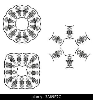 Forme di ornamento Mandala. Forma di schema del caleidoscopio. Arte simmetrica vettoriale. Motivo della linea astratta. Illustrazione Vettoriale