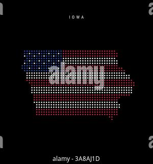 Mappa dei pixel dei punti dello stato dell'Iowa negli Stati Uniti nei colori della bandiera americana. Illustrazione vettoriale piatta isolata su sfondo nero. Illustrazione Vettoriale