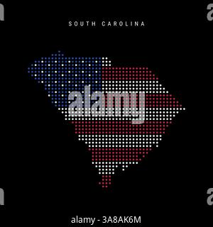 Mappa dei pixel dei punti dello stato del Sud Carolina degli Stati Uniti nei colori della bandiera americana. Illustrazione vettoriale piatta isolata su sfondo nero. Illustrazione Vettoriale
