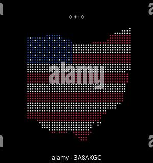 Mappa dei pixel dei punti dello stato dell'Ohio negli Stati Uniti nei colori della bandiera americana. Illustrazione vettoriale piatta isolata su sfondo nero. Illustrazione Vettoriale