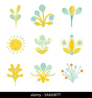 Set di elementi floreali stravaganti. Illustrazione Vettoriale
