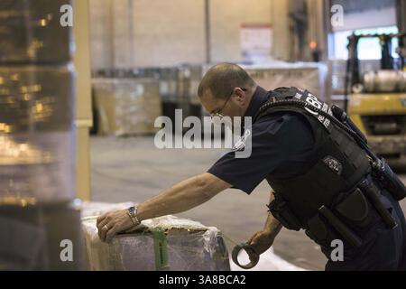 20 giugno 2017 - Boston, Massachusetts, Stati Uniti - gli agenti delle dogane e della protezione dei confini degli Stati Uniti ispezionano le spedizioni in arrivo per contrabbando presso la struttura cargo dell'aeroporto internazionale Logan di Boston il 20 giugno 2017 a Boston, Massachusetts. (Immagine di credito: © Glenn Fawcett/Planet Pix via ZUMA Wire) Foto Stock