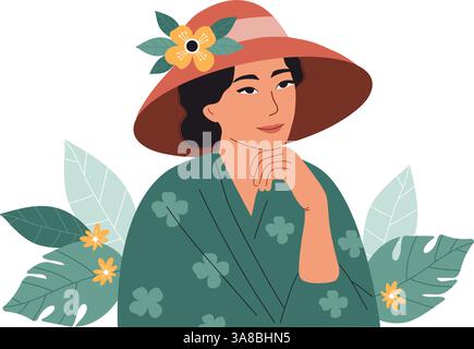 Elegante donna asiatica con occhi a forma di mandorla con cappello a bordo largo e Kimono verde con elementi floreali. Elegante illustrazione vettoriale in stile piatto Illustrazione Vettoriale