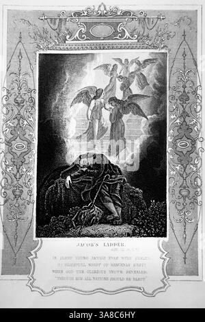 Il sogno di Jacob mentre dorme Jacob ha un sogno da Dio vede gli Angeli salire e scendere una scala che raggiunge il Paradiso incisione d'acciaio da A Foto Stock
