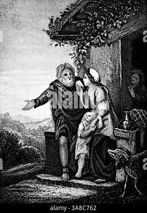 Incisione d'acciaio di Abramo che rinuncia ad Hagar e a suo figlio Ishmael mentre sua moglie Sarah e suo figlio Isaac guardano (Genesi) Alexander Fletcher circa 1860 Foto Stock