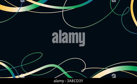 Linee ondulate astratte e schizzi di Scribble con toni verdi e gialli vivaci su sfondo nero. Forme organiche fluide geometriche giocose isolate Illustrazione Vettoriale