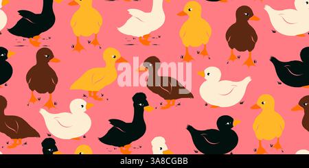 Graziose anatre con motivo senza cuciture. Sagome di anatre da fattoria disegnate a mano isolate su sfondo rosa. Sagome anatrocche bianche e nere, allevamento di uccelli. Illustrazione Vettoriale