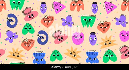 Colorato modello senza cuciture astratto Doodle con forme geometriche di lobi con facce. Avatar cartoni animati colorati e organici disegnati a mano. Felice Illustrazione Vettoriale