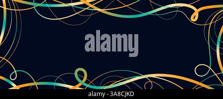 Linee ondulate astratte e schizzi futuristici di Scribble con colori vivaci su sfondo nero. Forme organiche fluide geometriche giocose isolate Illustrazione Vettoriale