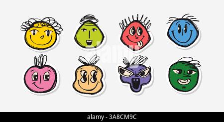 Collezione di adesivi divertenti disegnati a mano con matita e linee sottili con sottile texture Grunge. Bozze di avatar femminili e maschili Illustrazione Vettoriale