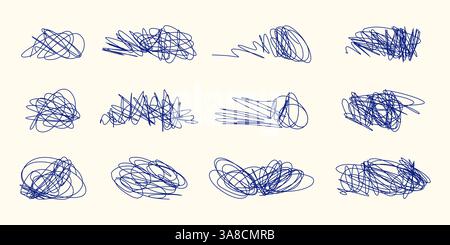 Linee caotiche espressive e loop astratti in stile inchiostro blu. Collezione Scribble Shapes disegnata a mano su sfondo beige morbido. Perfetto per l'arte moderna Illustrazione Vettoriale