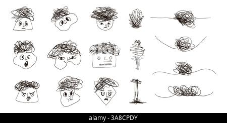 Facce di doodle disegnate a mano e scrivi linee e loop caotici e aggrovigliati. Espressioni stravaganti di cartoni animati con linee di capelli disordinate e gesti emotivi Illustrazione Vettoriale