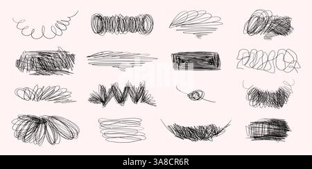 Set di tratteggio Scribble Line disegnato a mano. Linee di pennello Doodle dal caos con forme geometriche e texture sottili. A mano libera disordinata e pazzesca artistica Illustrazione Vettoriale