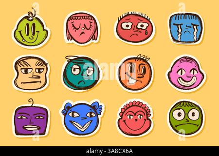 Set di adesivi divertenti disegnati a mano con matita e linee sottili con sottile texture Grunge. Bozze di avatar femminili e maschili Illustrazione Vettoriale