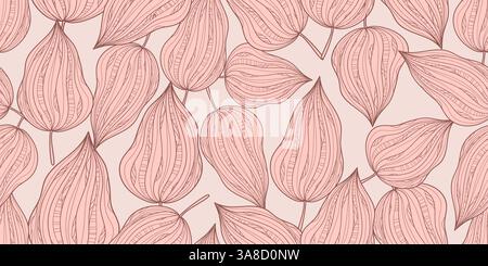 Motivo senza cuciture delle foglie tropicali disegnato a mano con disegno delle linee botaniche astratte su sfondo rosa bluastro. Sfondo fogliame con linee tratteggiate dettagliate Illustrazione Vettoriale