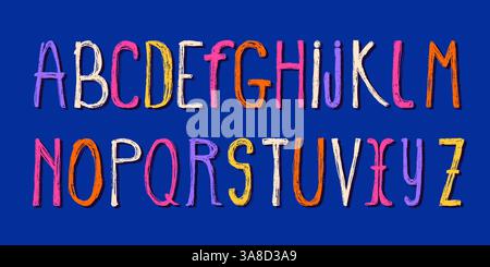 Disegnato a mano con lettere tipografiche a matita con texture Grunge. Set di caratteri maiuscoli per l'educazione dei caratteri tipografici, perfetti per carte, inviti e loghi Illustrazione Vettoriale