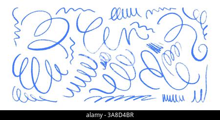 Collezione Pencil Line sottile a scintilla. Doodle tratti astratti in stile disegnato a mano. Macchie colorate con una consistenza grungy al carbone Illustrazione Vettoriale