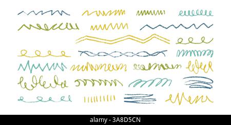 Set di linee pastello a forma di matita. Scarabocchio sottile di tratti astratti disegnati a mano. Macchie colorate con una consistenza grungy al carbone Illustrazione Vettoriale