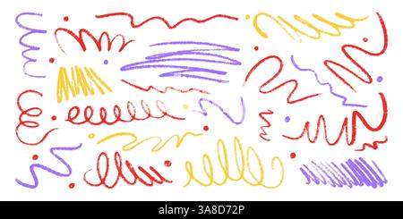Set di linee a matita multicolore Squiggle. Scarabocchio sottile di tratti astratti disegnati a mano. Macchie colorate con una consistenza grungy al carbone Illustrazione Vettoriale