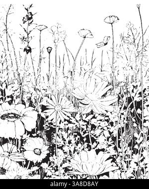 Fiori primaverili. Bordo floreale senza cuciture. Papaveri, Iris, tulipani, garofani, primrose, narcisi su sfondo bianco. Monocromatico. Illustrazione Vettoriale