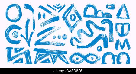 Linee curve, cerchi, Scribble disegnate a mano con tratti di pennello blu grassetto. Forme geometriche moderne con una sottile texture grunge. Vivace Illustrazione Vettoriale