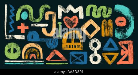 Forme geometriche astratte grunge con colori terrosi in stile retro disegnate con tratti di pennello grassetto. Vivace sfondo nero geometrico Doodles. Giocoso Illustrazione Vettoriale