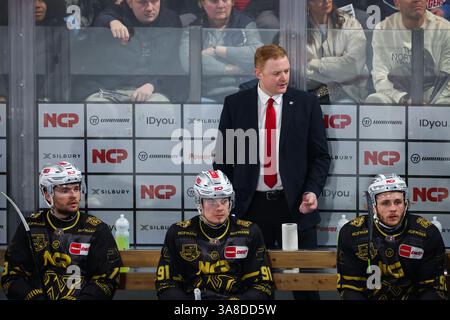 Norimberga, Germania. 28 marzo 2025. Hockey su ghiaccio: DEL, Nuremberg Ice Tigers - ERC Ingolstadt, round del campionato, quarti di finale, 6° giorno all'Arena Nürnberger Versicherung. L'allenatore di Norimberga Mitch o'Keefe (M) reagisce al corso del gioco. Crediti: Daniel Karmann/dpa/Alamy Live News Foto Stock