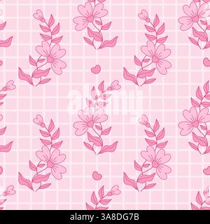 Motivo senza cuciture Coquette con motivo floreale rosa. Ramificazione con Fiore e foglie su sfondo a scacchi con cuori. Romantica Girly Vibe. Stile alla moda Illustrazione Vettoriale