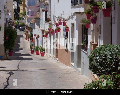 Vasi floreali decorativi fiancheggiano le case lungo Calle Mar nella città vecchia di Estepona, Malaga, Spagna. Foto Stock