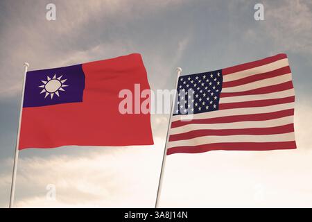 Le relazioni tra i paesi degli Stati Uniti d'America USA e TAIWAN rappresentate dal concetto di due bandiere che sventolano contro un cielo nuvoloso.3d. Foto Stock