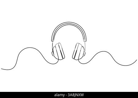 Il disegno continuo delle cuffie su una linea e lo stile minimalista isolano l'icona vettoriale del contorno Illustrazione Vettoriale