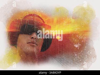 Uomo che indossa un visore per la realtà virtuale, illustrazione. Foto Stock