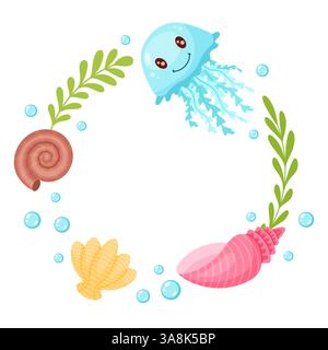 Cornice subacquea con meduse, conchiglie e alghe. Ideale per progetti per bambini, temi marini o inviti. Illustrazione vettoriale. Illustrazione Vettoriale