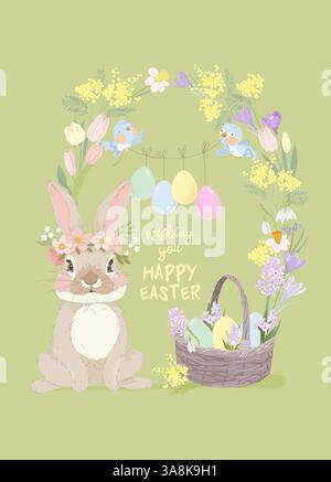 Cartolina di auguri di buona Pasqua con simpatico coniglietto e uova di Pasqua Illustrazione Vettoriale