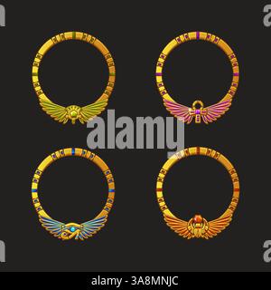 Cornici rotonde a tema egiziano con simboli: Scarabeo, croce di Ankh, loto e occhio di Horus. Cornici avatar per icone di gioco o app Illustrazione Vettoriale