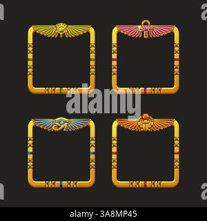 Cornici quadrate a tema egiziano con simboli: Scarabeo, croce di Ankh, loto e occhio di Horus. Cornici avatar per icone di gioco o app Illustrazione Vettoriale