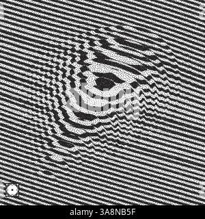 Glitch sfondo astratto. Effetto di distorsione, bug ed errori. Bianco e nero sgranate dotwork design. Puntinismo pattern con illusione ottica. Stippl Illustrazione Vettoriale