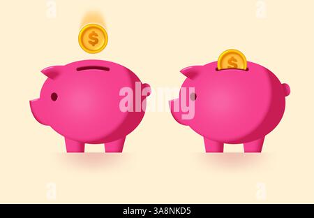 Salvadanaio carino maiale di colore rosa con moneta d'oro cadente. Concetto di risparmio, investimento, investimenti. Illustrazione vettoriale 3D. Illustrazione Vettoriale