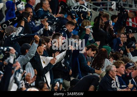 Melbourne, Victoria, Australia. 29 marzo 2025. I tifosi del Melbourne Victory FC festeggiano il gol del pareggio durante la 24A giornata della partita di Isuzu UTE A-League tra Melbourne Victory e Adelaide United all'AAMI Park di Melbourne. (Credit Image: © James Forrester/ZUMA Press Wire) SOLO PER USO EDITORIALE! Non per USO commerciale! Foto Stock