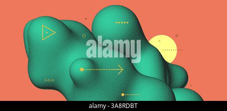 Sfondo astratto con forma liquida fluida. Elemento grafico amorfo liquido 3D. Composizione in stile dotwork. Illustrazione vettoriale per banner, volantino Illustrazione Vettoriale