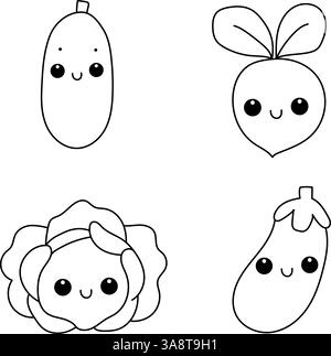 Set di verdure carine. Cetriolo, ravanello, cavolo, melanzane Illustrazione Vettoriale