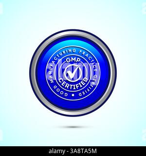 Illustrazione del design dell'icona con certificazione GMP. Badge di etichette di buone pratiche di produzione, design dei pulsanti Illustrazione Vettoriale